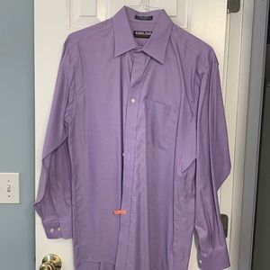 Kirkland signature men’s LS dress shirt size 16 1/2 x 34 and purple and white.